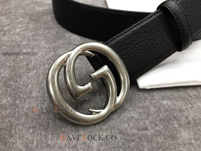 Gucci '70 Black Leather Belt Interlocking Grey G Buckle